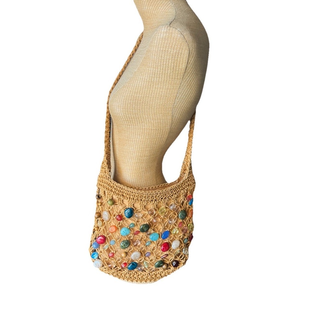 Blue Miami Boho Woven Crochet Straw Bag With Large Stone Bead Beach Unique